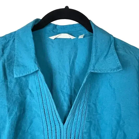 Soft Surroundings Women's size M Teal Linen Blend Tunic Shirt 3/4 Sleeve - Picture 2 of 7